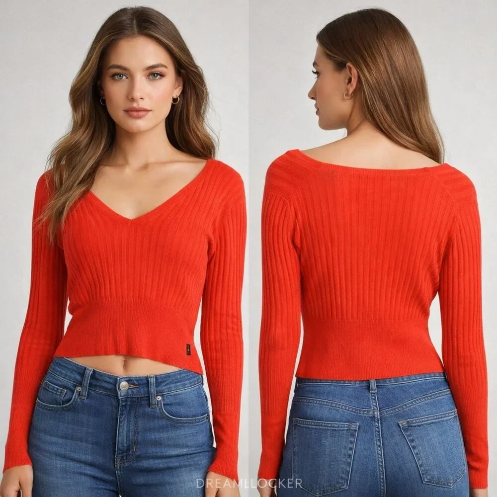 BCBGMaxazria Silk Blend Sweater‎ Womens Large Red Cropped Ribbed Long Sleeve